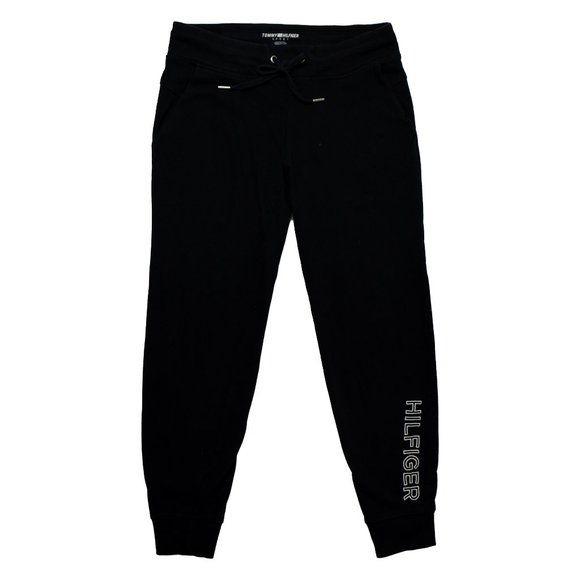 TOMMY HILFIGER SPORT Jogger Womens S/P Black Stretch Drawstring Waist Logo Pants - Picture 1 of 7